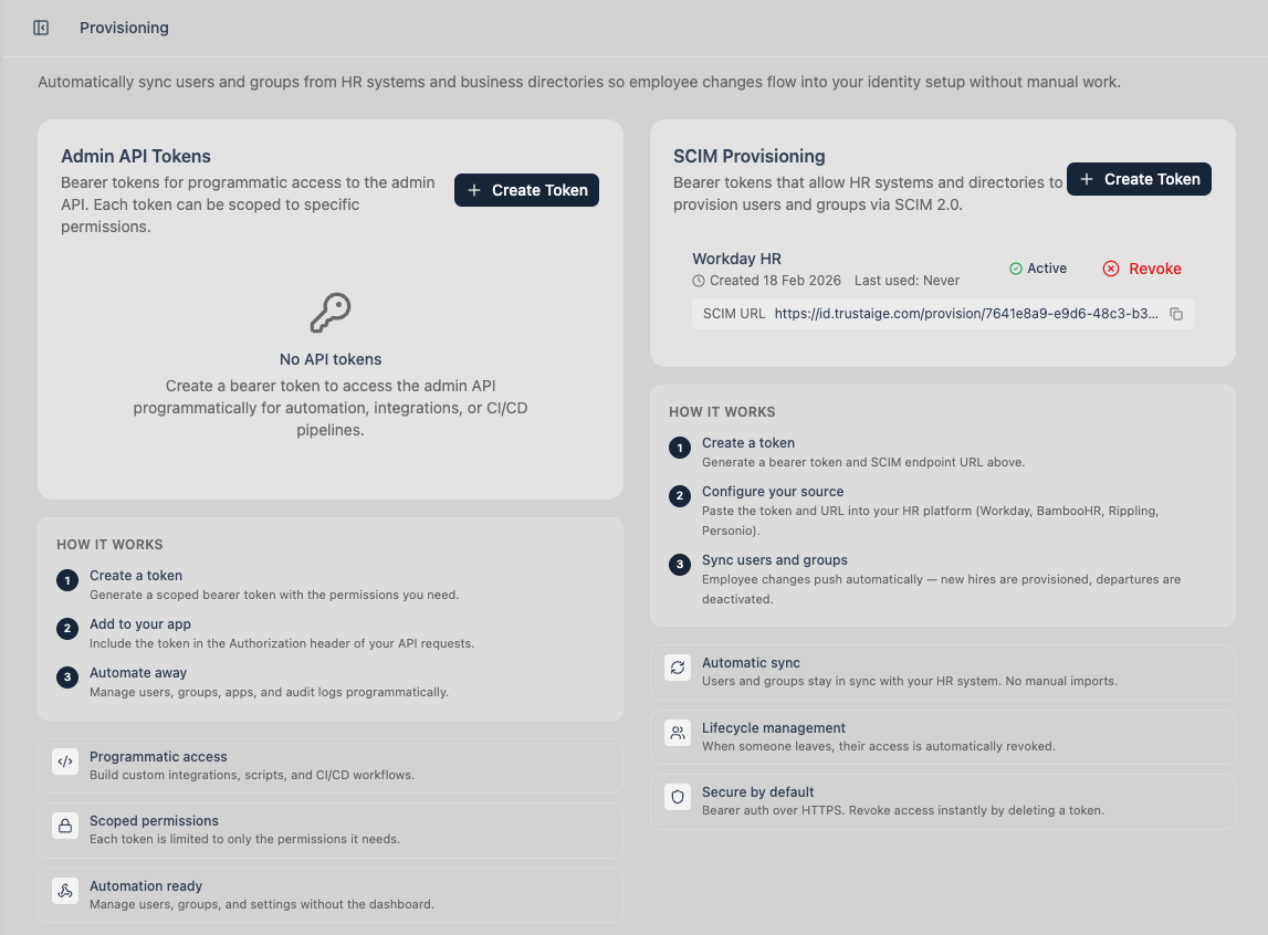 Provisioning interface showing API token management and SCIM directory sync configuration